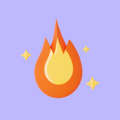 Fire 3D Illustration with stars isolated on purple background. 3d rendering.