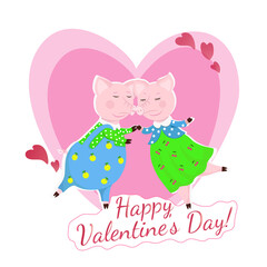 Two loving pigs in clothes dancing together near two pink and big hearts. Vector greeting card isolated on white background and text Happy Valentine's Day.