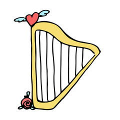 Cartoon harp of yellow color with a rose and a red winged heart on it. Color doodle on the topic of love, relationships, romance. Vector illustration isolated on a white background.
