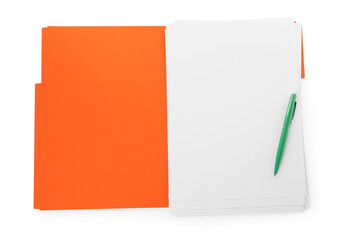 Orange file with blank sheets of paper and green pen isolated on white, top view. Space for design