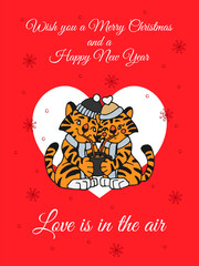 Fototapeta na wymiar Illustration for Holiday card with cute enamored tigers drinking hot chocolate, red background, heart and snowflakes