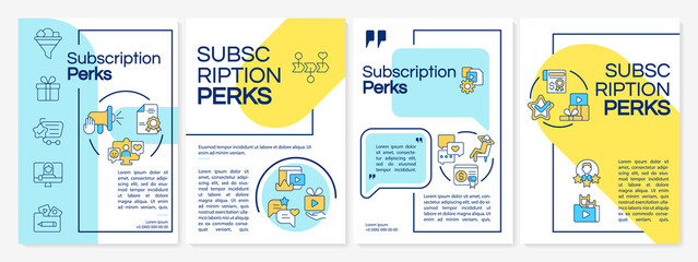 Fototapeta premium Subscription perks blue and yellow brochure template. Booklet print design with linear icons. Vector layouts for presentation, annual reports, ads. Questrial-Regular, Lato-Regular fonts used