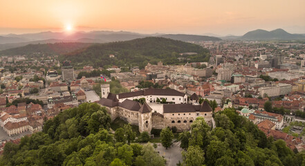 Obraz premium Aerial panorama of the Slovenian capital Ljubljana at sunset.