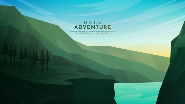 Vector illustration. Minimalist polygonal design. Nature landscape background. Panoramic view. Design element for web banner, website template. Cartoon flat style. Forest and hills by lake. Mountains