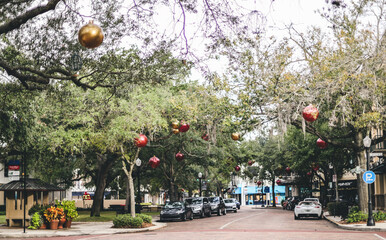 large ornaments on the tree in winter park Florida park avenue 