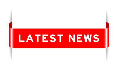 Red color inserted label banner with word latest news on white background