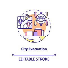 City evacuation concept icon. Emergency situation handling abstract idea thin line illustration. Isolated outline drawing. Editable stroke. Roboto-Medium, Myriad Pro-Bold fonts used