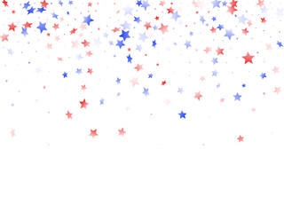 Flying red blue white star sparkles on white vector american patriotic background.