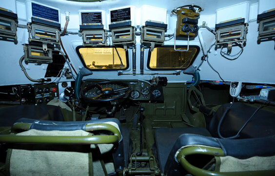 Driver-mechanic cabin of Ukrainian combat reconnaissance vehicle BRDM 2: seat, wheel, dashboard