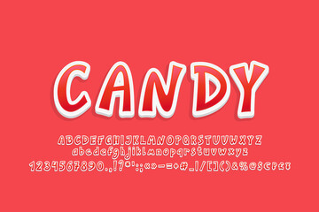 Bright red emblem Candy. Modern 3d sticker style font, vector English alphabet set