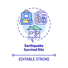 Earthquake survival kits concept icon. Essential items for emergency abstract idea thin line illustration. Isolated outline drawing. Editable stroke. Roboto-Medium, Myriad Pro-Bold fonts used