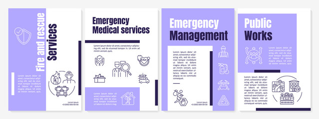 Emergency services purple brochure template. Rescue from disaster. Booklet print design with linear icons. Vector layouts for presentation, annual reports, ads. Anton-Regular, Lato-Regular fonts used