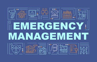 Emergency management word concepts navy banner. Public service. Infographics with linear icons on background. Isolated typography. Vector outline color illustration with text. Arial-Black font used