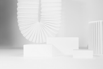 Template of three white podiums with contrast asian round ribbed paper fans, arch, blinds, geometric forms in minimal style with shadow, mockup showcase for presentation cosmetic product or goods.