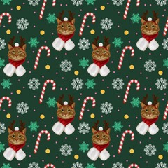 Christmas cat candy cane seamless pattern 