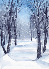 Watercolor illustration of a winter park or forest with bare trees, with drifts of snow and falling snow flakes