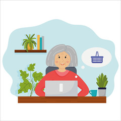 Obraz na płótnie Canvas Happy grandmother character with laptop sitting by the the table isolated on white. Old retired woman using computer for shopping. Flat vector illustration