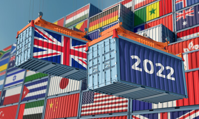 Trading 2022. Freight container with United Kingdom flag. 3D Rendering 