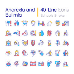 Anorexia and bulimia RGB color icons set. Eating disorders. Psychological nervosa. Isolated vector illustrations. Simple filled line drawings collection. Editable stroke. Quicksand-Light font used