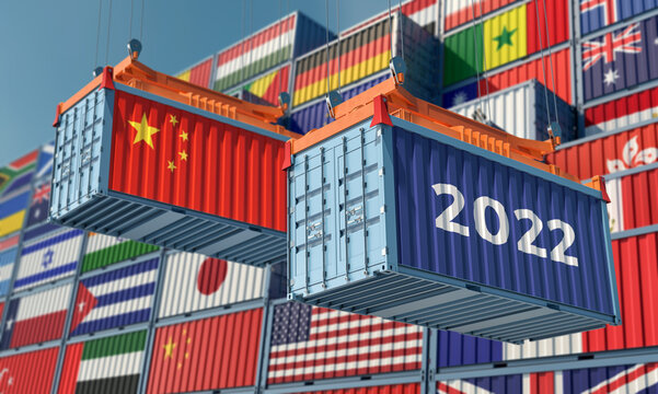 Trading 2022. Freight container with China national flag. 3D Rendering © Marius Faust