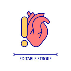 Obraz premium Heart problems RGB color icon. Coronary artery diseases. Cardiac illness. Blood pumping organ disorder. Isolated vector illustration. Simple filled line drawing. Editable stroke. Arial font used