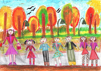 Obraz na płótnie Canvas Child drawing of a happy family on a walk outdoors