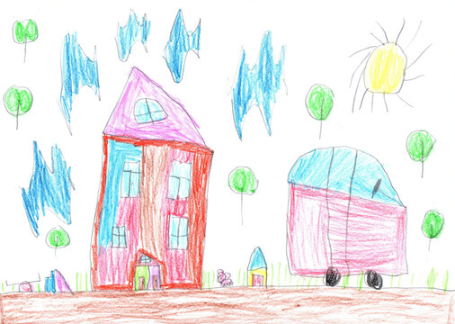 Child's drawing of the buildings and cars. Pencil art in childish style