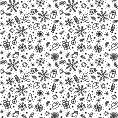 Christmas doodle snowflakes, gift boxes, Christmas trees, candy, Santa's hat, mittens, stars, branches seamless pattern.