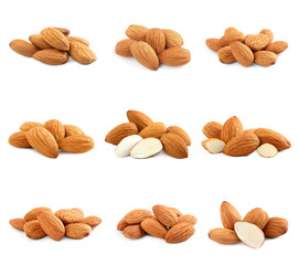 Set with tasty almond nuts on white background