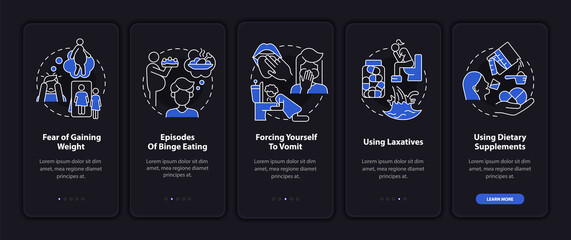 Bulimia symptoms night mode onboarding mobile app screen. Binge eating walkthrough 5 steps graphic instructions pages with linear concepts. UI, UX, GUI template. Myriad Pro-Bold, Regular fonts used - obrazy, fototapety, plakaty