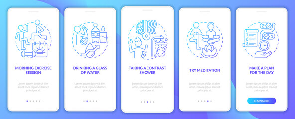 Daily routine blue gradient onboarding mobile app screen. Selfcare walkthrough 5 steps graphic instructions pages with linear concepts. UI, UX, GUI template. Myriad Pro-Bold, Regular fonts used