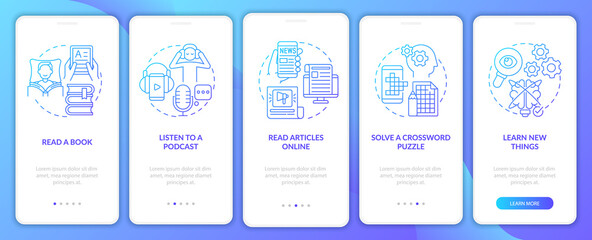 Naklejka premium Morning routine ideas blue gradient onboarding mobile app screen. Hobby walkthrough 5 steps graphic instructions pages with linear concepts. UI, UX, GUI template. Myriad Pro-Bold, Regular fonts used