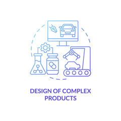 Complex products design blue gradient concept icon. Digital twin use case abstract idea thin line illustration. Smart assembly. Isolated outline drawing. Roboto-Medium, Myriad Pro-Bold fonts used