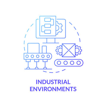 Industrial Environments Blue Gradient Concept Icon. Improving Business Outcomes Abstract Idea Thin Line Illustration. Digital Twin. Isolated Outline Drawing. Roboto-Medium, Myriad Pro-Bold Fonts Used