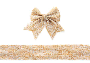 Pretty bow and ribbon made of burlap with lace on white background - obrazy, fototapety, plakaty