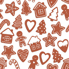 Vector illustration seamless pattern of gingerbread cookies with icing. Man star tree candy cane heart house shape.