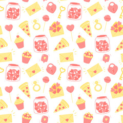 Vector seamless pattern of cute stickers with hearts about love