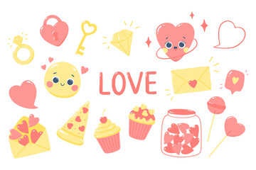 Vector set of cute stickers with hearts about love. Isolated on white background.