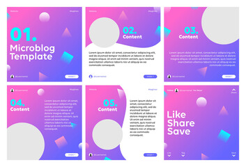 Microblog carousel slides template for social media post. Six page, pink and blue geometric object and gradient theme.	