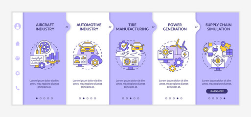 Digital twin implementation purple and white onboarding template. Simulation. Responsive mobile website with linear concept icons. Web page walkthrough 5 step screens. Lato-Bold, Regular fonts used