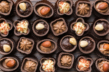 Different kinds of chocolates on colored table close-up. Top View and Flat Lay
