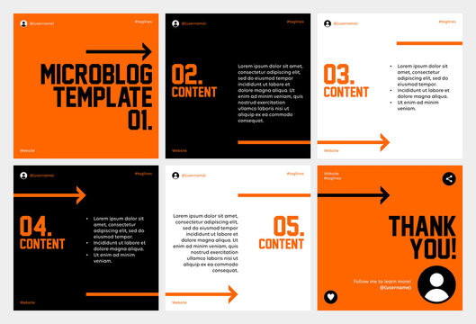 Microblog carousel slides template for social media post. Six page, oranges black white and arrows theme.	