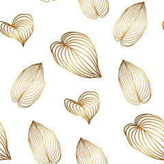 Seamless pattern with golden leaves line art on white background