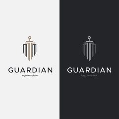 Shield with sword linear logo design. Vector illustration.