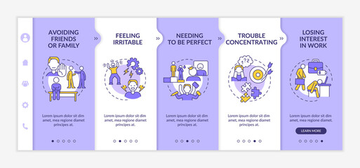 Workplace anxiety purple and white onboarding template. Stress symptoms at work. Responsive mobile website with linear concept icons. Web page walkthrough 5 step screens. Lato-Bold, Regular fonts used