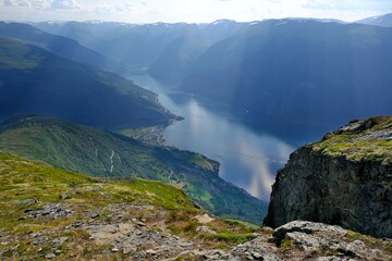 Amazing scenery of viewpoint on Priest Røyrgrind mountain. There is amazing view of Aurlandsfjord, one of most beautiful fjords in Norway.