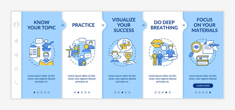 Overcoming fear of public speaking blue and white onboarding template. Responsive mobile website with linear concept icons. Web page walkthrough 5 step screens. Lato-Bold, Regular fonts used