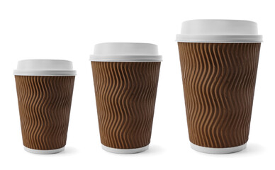 Paper coffee cups of different sizes on white background, collage