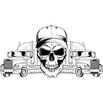 Truck Driver Logo SVG Design With A Skull In Cap And Two Semi-trucks, Car Decal, Trucker Shirt, Sign, Emblem