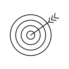 Arrow hitting the target. Simple outline black and white vector icon in modern minimal style with thin lines. Editable line thickness